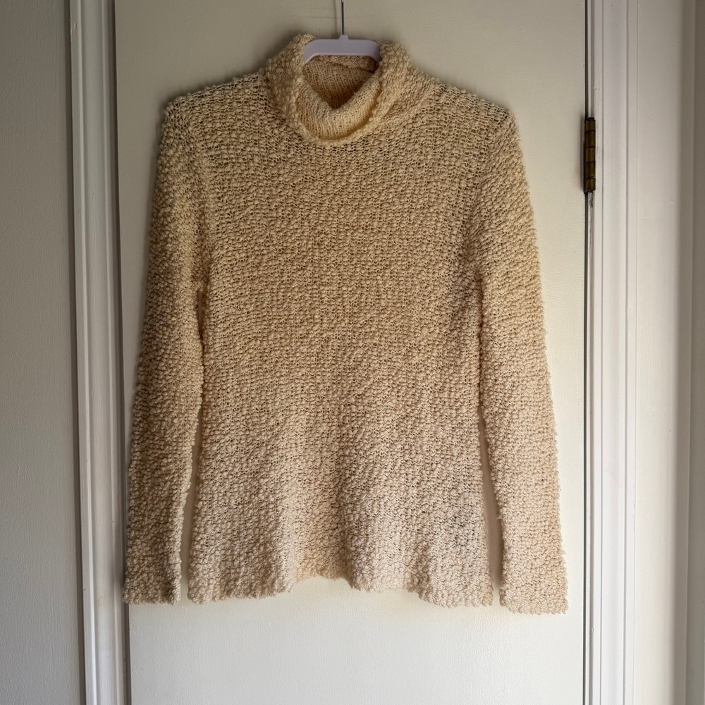 Eileen Fisher Merino Wool Silk Popcorn Knit Turtleneck Sweater Cream Medium